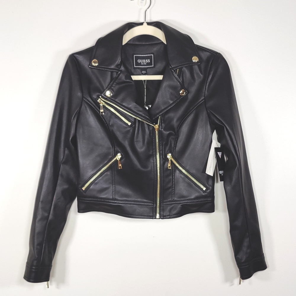 NEW Guess Faux Leather Moto Jacket‎ Gold Hardware Cropped Biker XS